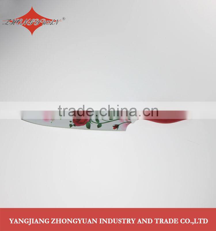 5 pcs set of non-stick coated/colorful rose printing kitchen knives