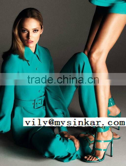 Green Lapel High Empire Waistband Long Sleeve One Covered Button Long Trousers Women Dancerwear Sets