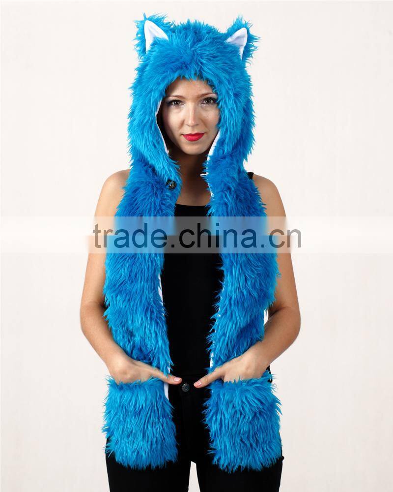 Wholesale Custom Long Scarf Mittens Faux Fur Wolf Head Animal Ears Hat