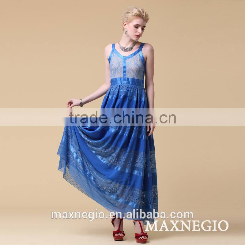 2015 maxnegio simple blue long maxi evening dress