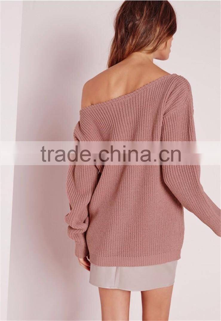China OEM Winter Autumn Pullover Wide Neck Sweater Women Cashmere Ladies Jumpers Off Shoulder Jumper Pink