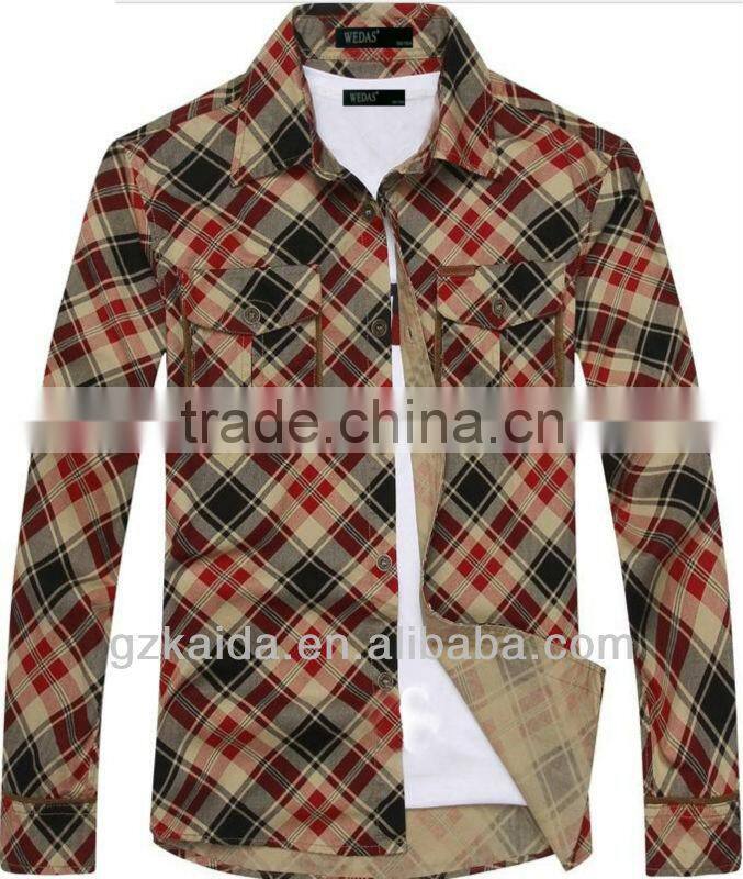100% Cotton Cloth Men's Long Shirt with Corduroy Color Contrast at Sleeves Mouth