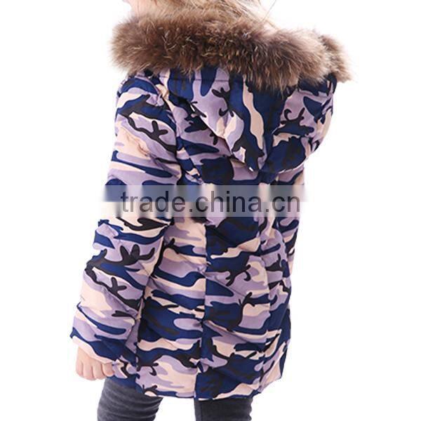 2015 New Design Little Girls' Camouflage Down Jacket With Fur Hoody