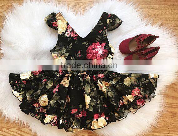 Toddler girls fall autumn black burgundy floral vintage boho short ruffle dress