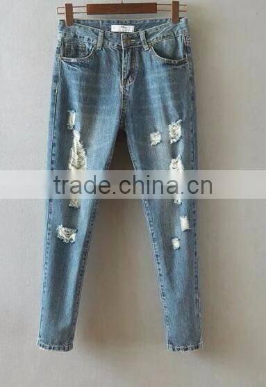 Runwaylover EY0634P 2017 Trendy Sexy Women's Blue Distroyed Holes Ripped Skinny Jeans Denim Pants