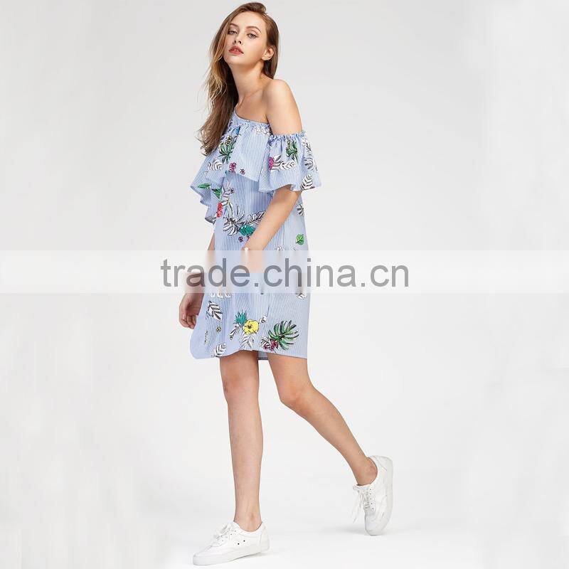 Oblique Shoulder Layered dress, 2017 ladies blue floral print dress