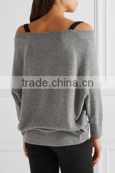 Custom Made Women Gray and Black Cashmere Off-Shoulder Cardigan with Black Shoulder Straps