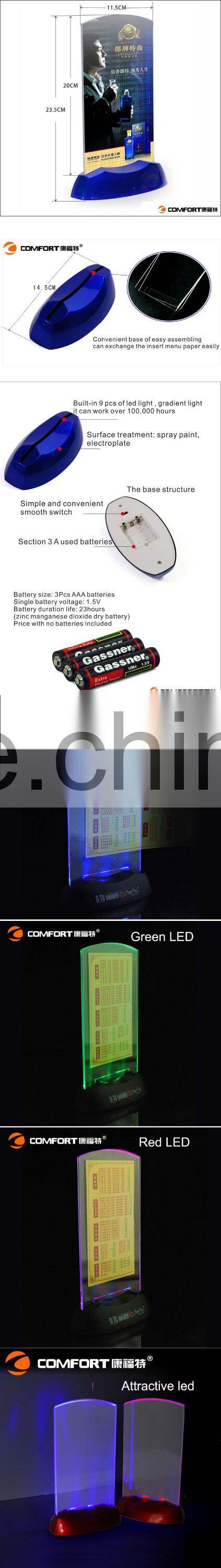 Popular illuminous gleamy clear menu holder