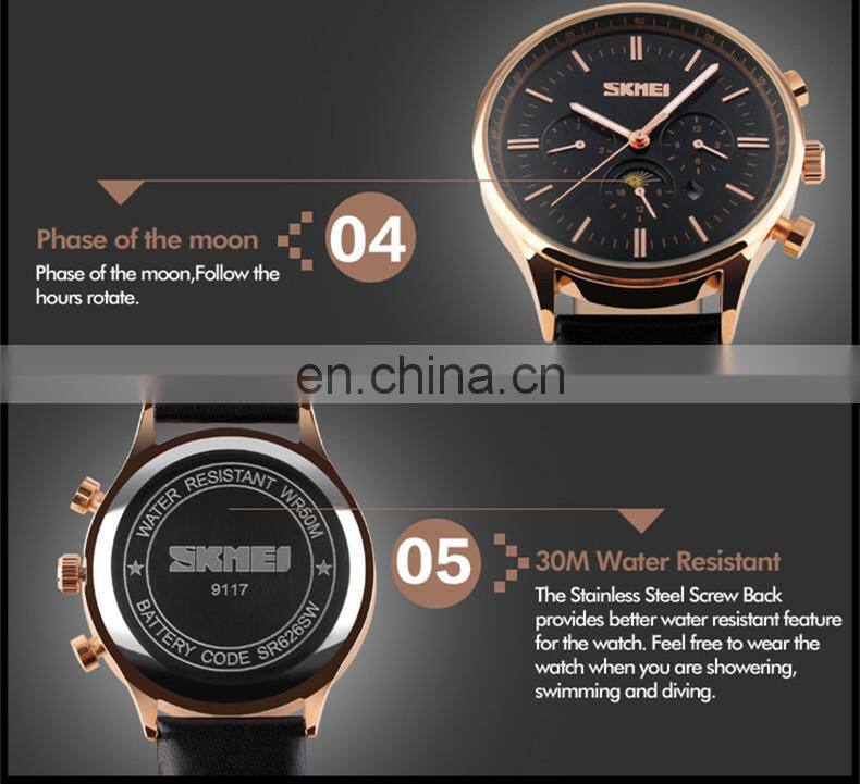 SKMEI 9117 Japan movt quartz watch stainless steel back wristwatch with leather strap