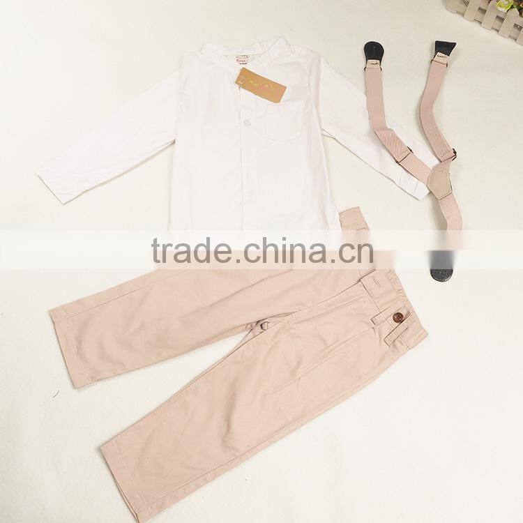 new 2015 autumn baby boy suit handsome boys clothing set with adjustable straps shirt+pants