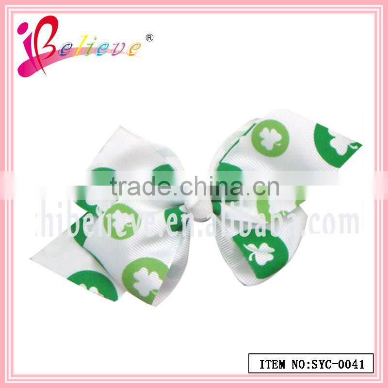 Nice ribbon bow hairgrip Irish special design lucky clover bow ribbon hair accessories (SYC-0043)
