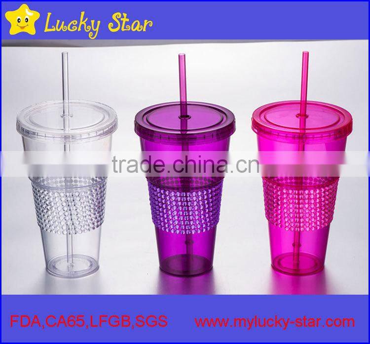 BPA free Plastic sinlge wall 32 oz acrylic tumbler with straw and diamond sleee as gifts FDA standard