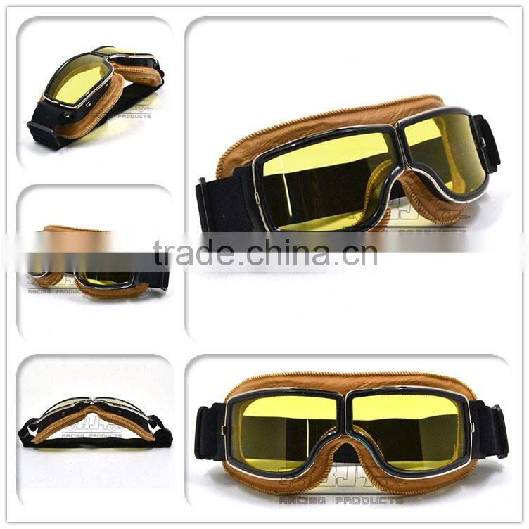 BJ-GT-011 New Arrival Adult Yellow Leather Goggles Glasses Vintage Motorcycle Helmet Eyewear
