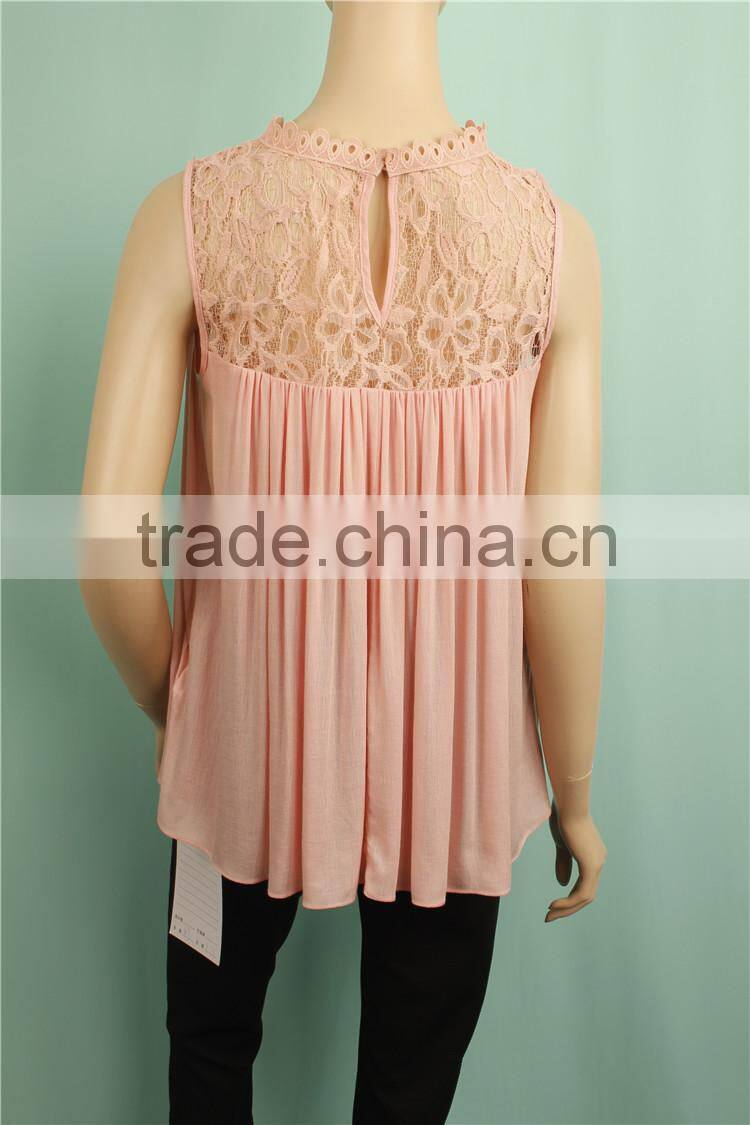 2016 S/S lace neck women sleeveless pink summer pleated blouse