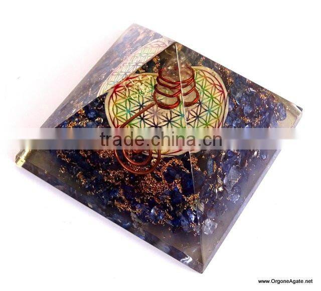 Quality Big Orgone Indigo Chakra Pyramid With Flower Of Life Symbol And Crystal Point | Reiki Pyramid