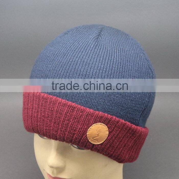 LUXURY LEATHER PATCH FOLD CUFF NAVY WINTER HAT FOR MEN AND WOMEN