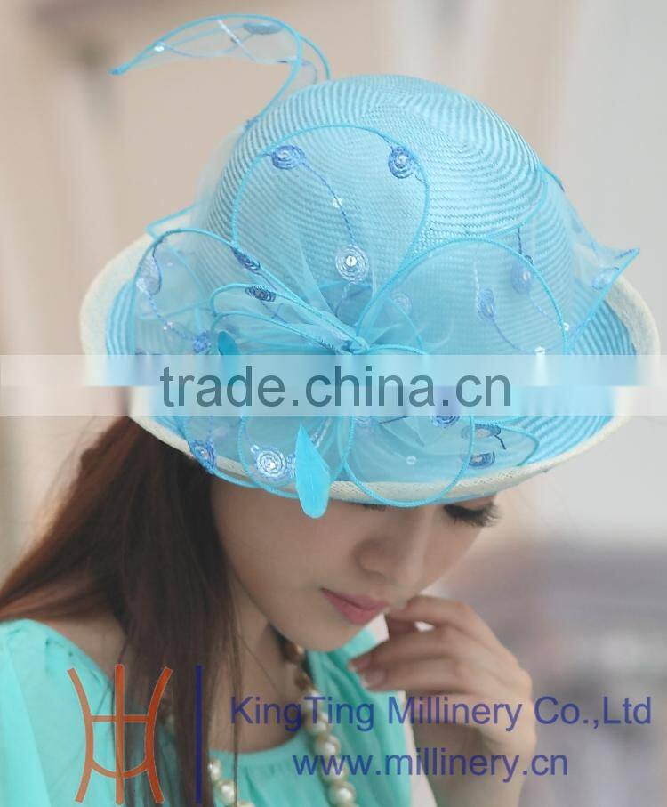 Womens Fancy Straw Hats Elegant Church Hat With Organza Flowers Trimming Onside