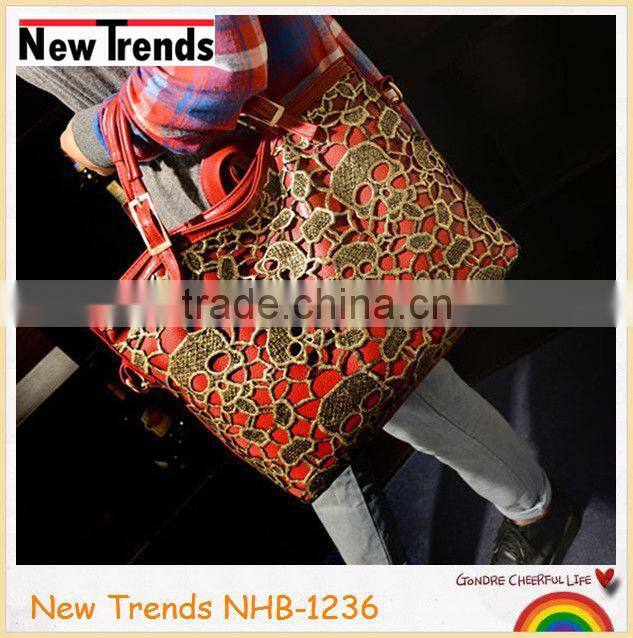 Fashion blue PU and gold skull embroidery handbag