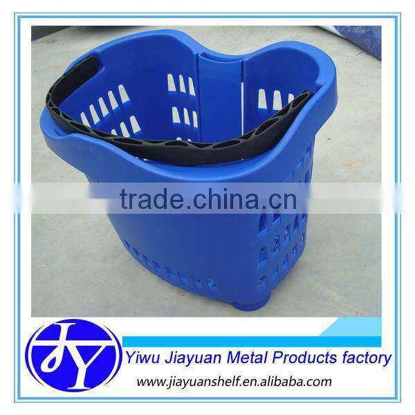 plastic market basket with two wheels and foldable handle bar