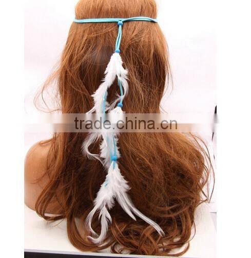 New and fashion Women Double Layers Braided Hairband Colorful Feather Leaf Pendant Head Band