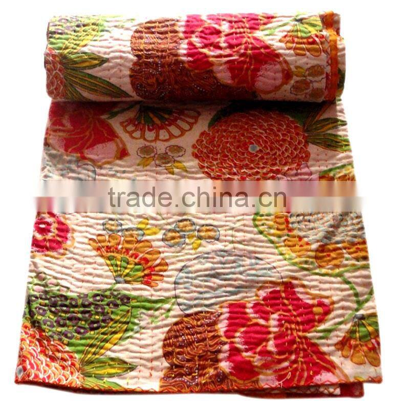 RTHKG-35 Modern bed cover Bird and Floral Prints Elegant Look Indian Traditional Bengali Kantha Gudari Bedspread Whole seller