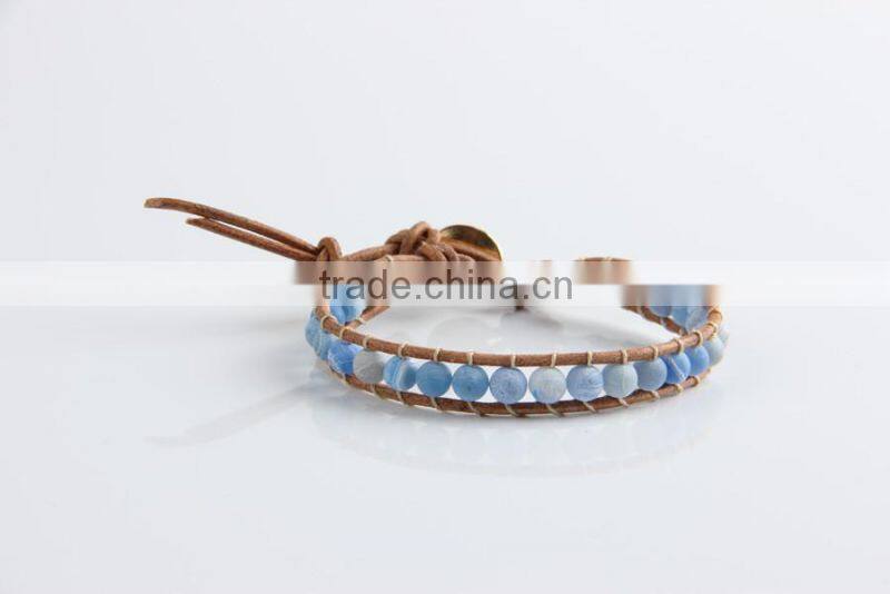 Lap beaded blue frosted agate stone natural leather bracelet for women party jewelry wholesale