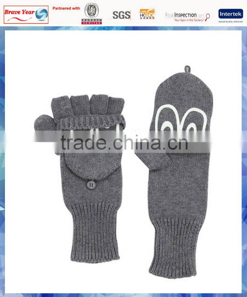 100% acrylic grey knitted half finger gloves with monkey eyes cover