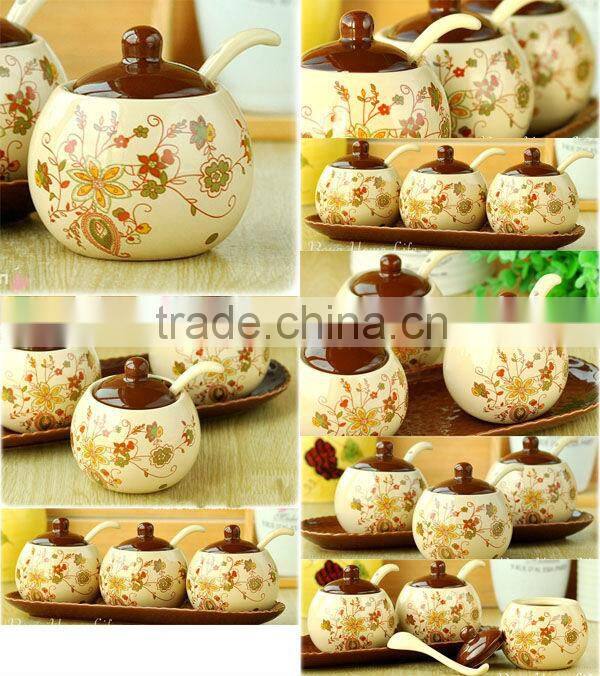3pcs ceramic kitchen jar with spoon and plate