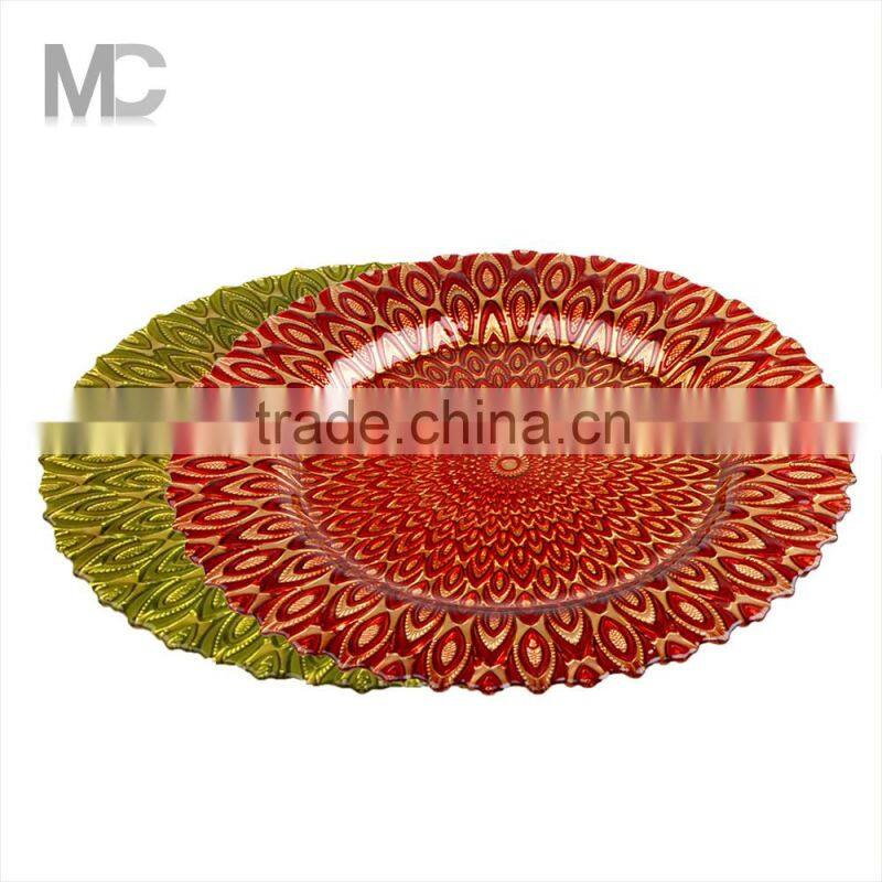 Wholesale Wedding Red Color Peacock Design Glass Charger Plate Underplate