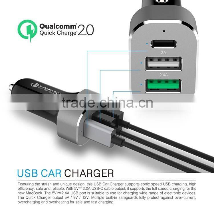 48W Car Charger QC 3.0 Quick Car Charger 3 USB Port Travel Charger 12V Car Battery Charger with USB C Port