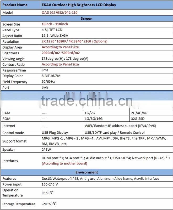 EKAA 2000nits IP65 waterproof standard floor standing 65 inch outdoor lcd display