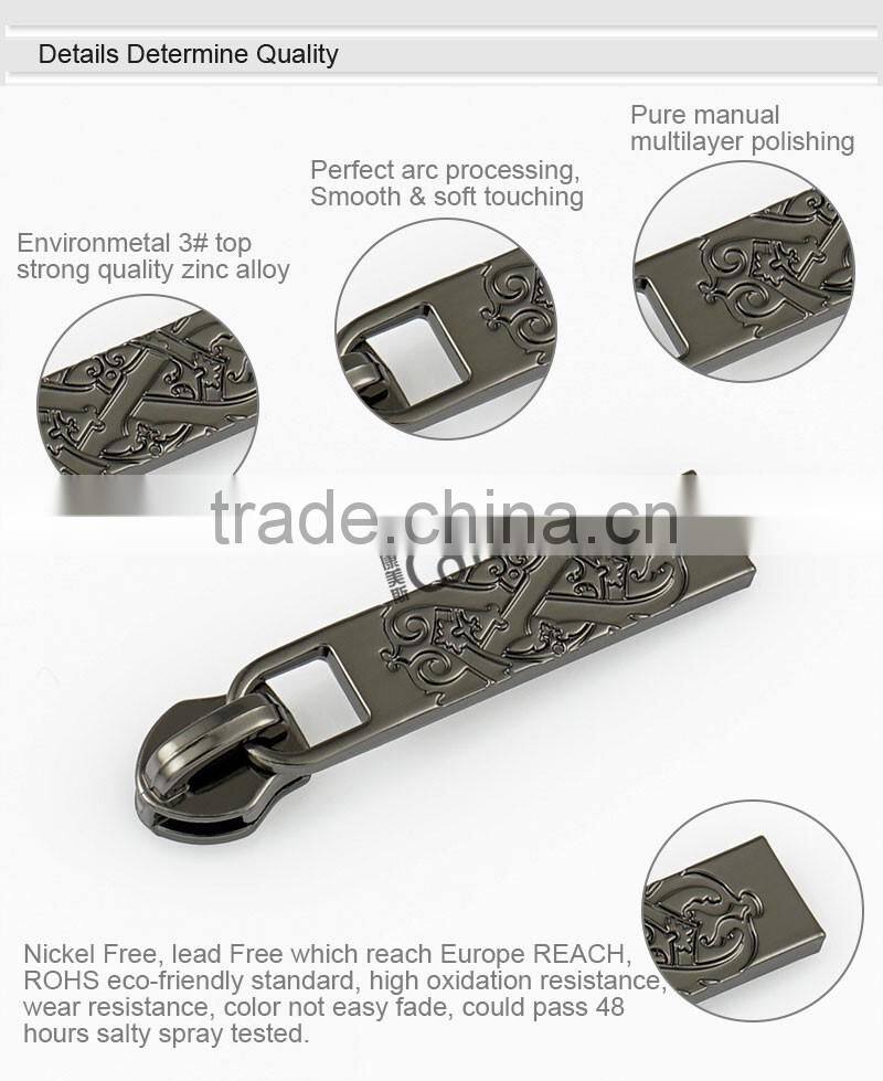 Shiny gunmetal custom metal zipper pull for purse