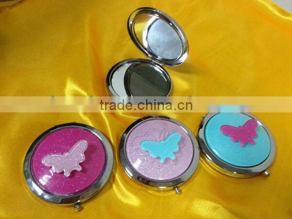 Double sided round shape butterfly design metal pocket cosmetic mirror