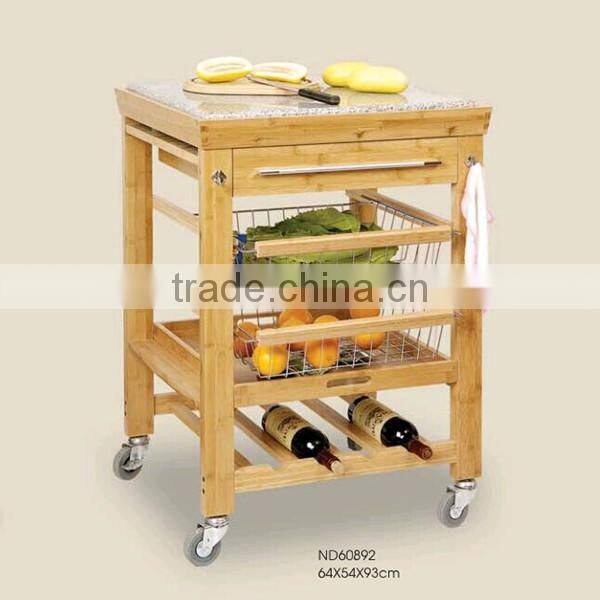3-tier natural bamboo kichen trolley with wheels and basket