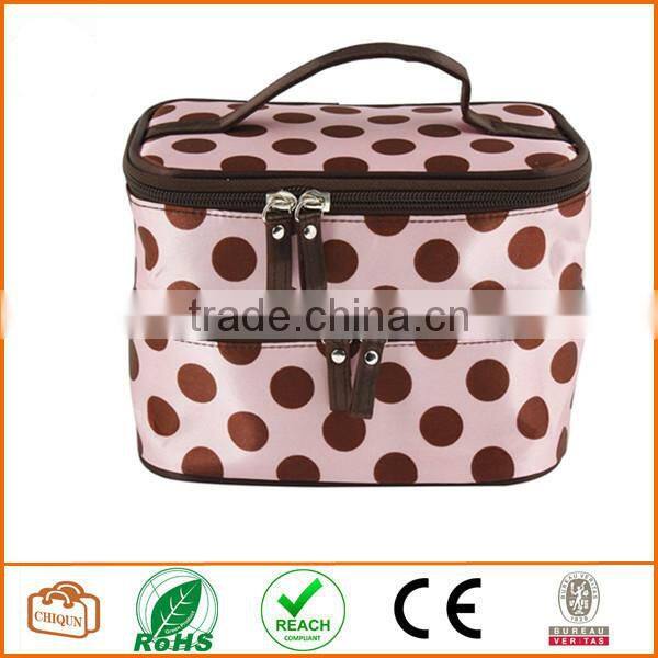 Double Layer Cosmetic Bag Pink with Coffee Dot Travel Toiletry Cosmetic Makeup Bag Organizer With Mirror