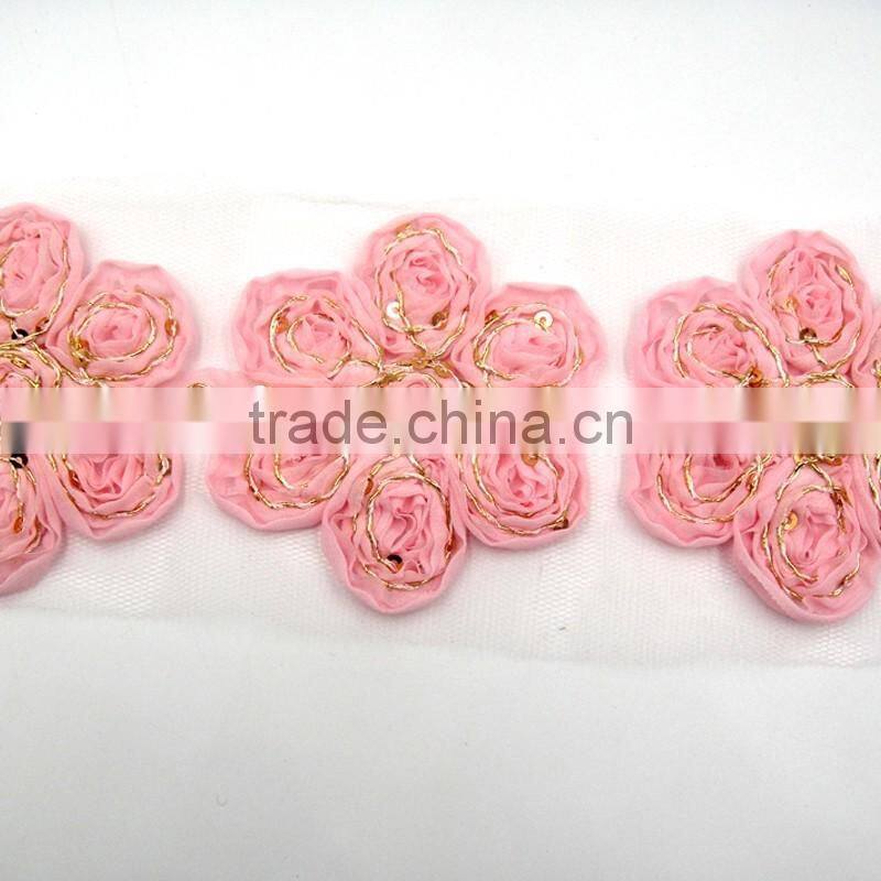 New latest csutom gold line chiffon flower applique work designs for dress