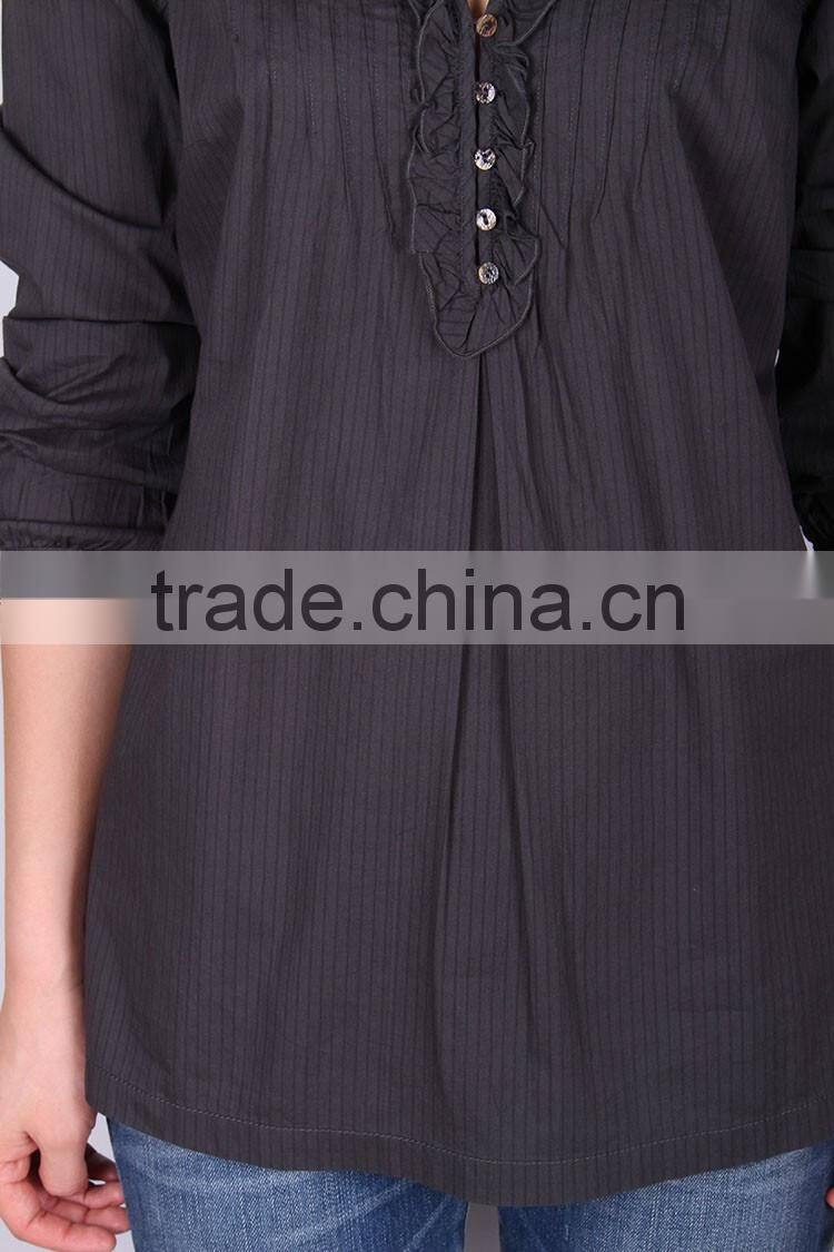 Women ruffle placket blouse , yarn dye long sleeve blouse/tops