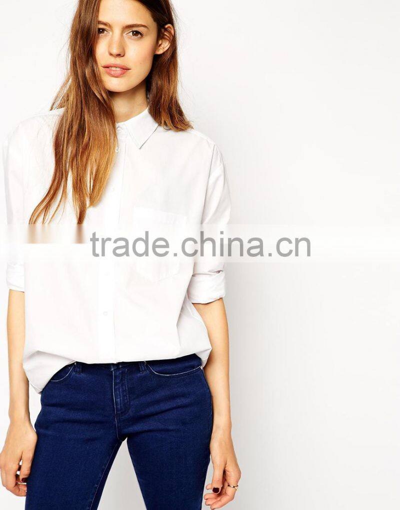 Hot sale Slim Boyfriend Classic point collar White Shirt With Pleat Detail Back