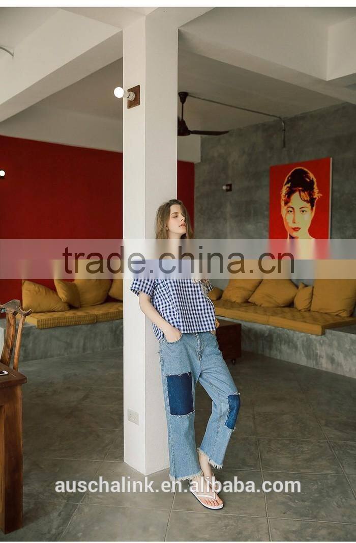 summer trendy exotic knee patches straight jeans fashion design