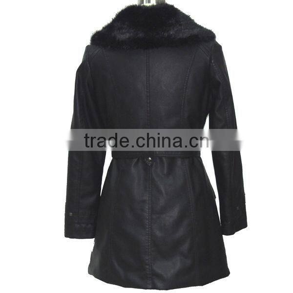 Leather warm coat , long leather outwear with fur collar for women