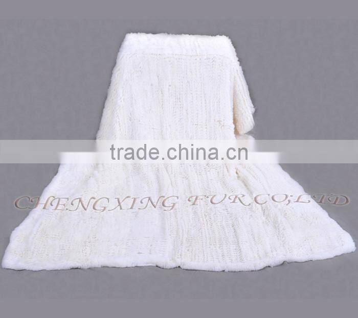 CX-D-95 European Fashion White Knitted Real Rex Rabbit Fur Blanket Area Rug For Living Room