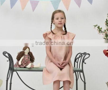 Wholesale Kid Clothing Elegant Summer Girls dress Off shoulder Ruffle Dusty Pink Linen Girl Child Dress