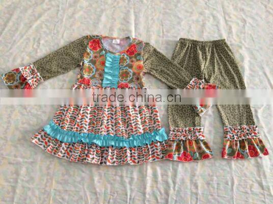 2015 EasterNew Design fashion girl Cotton Outfit With Ruffles Kids Boutique long sleeve green Outfit Baby Clothes Set