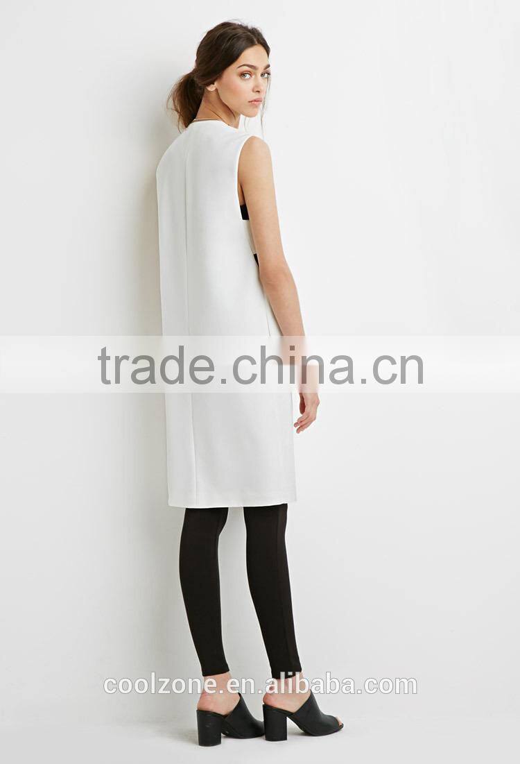 Collarless V-neck longline women vest woven vests with pockets