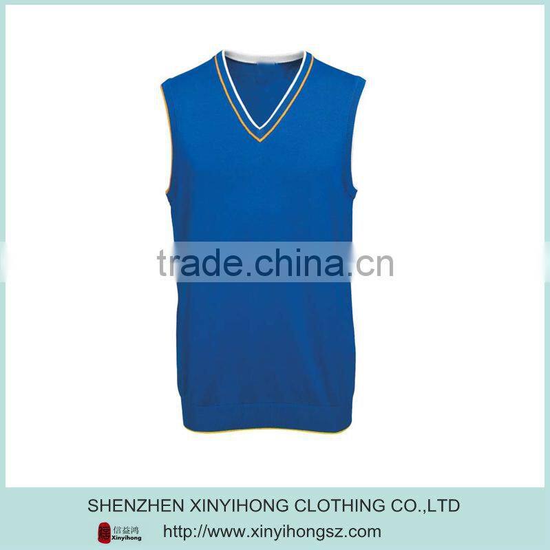 Classical Blue Color Cotton Stretch Sleeveless V Neck Sports Knitwear