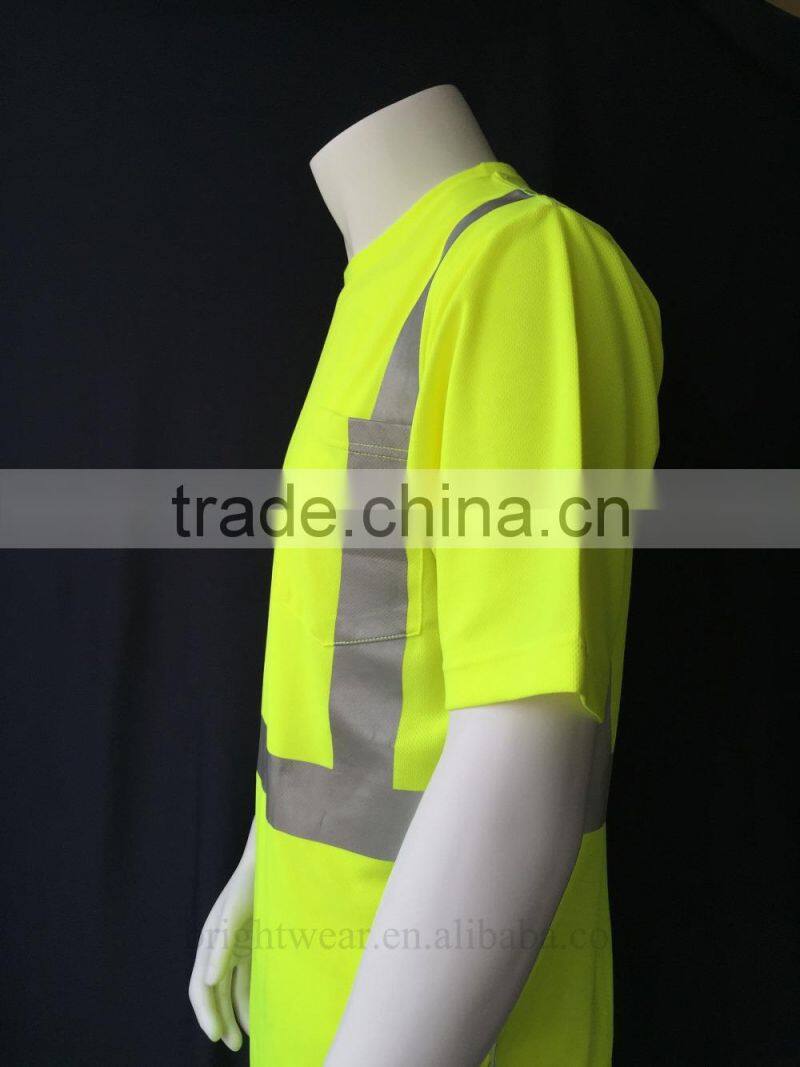 100%polyester short sleeve reflective chest pocket fluorescent t-shirt
