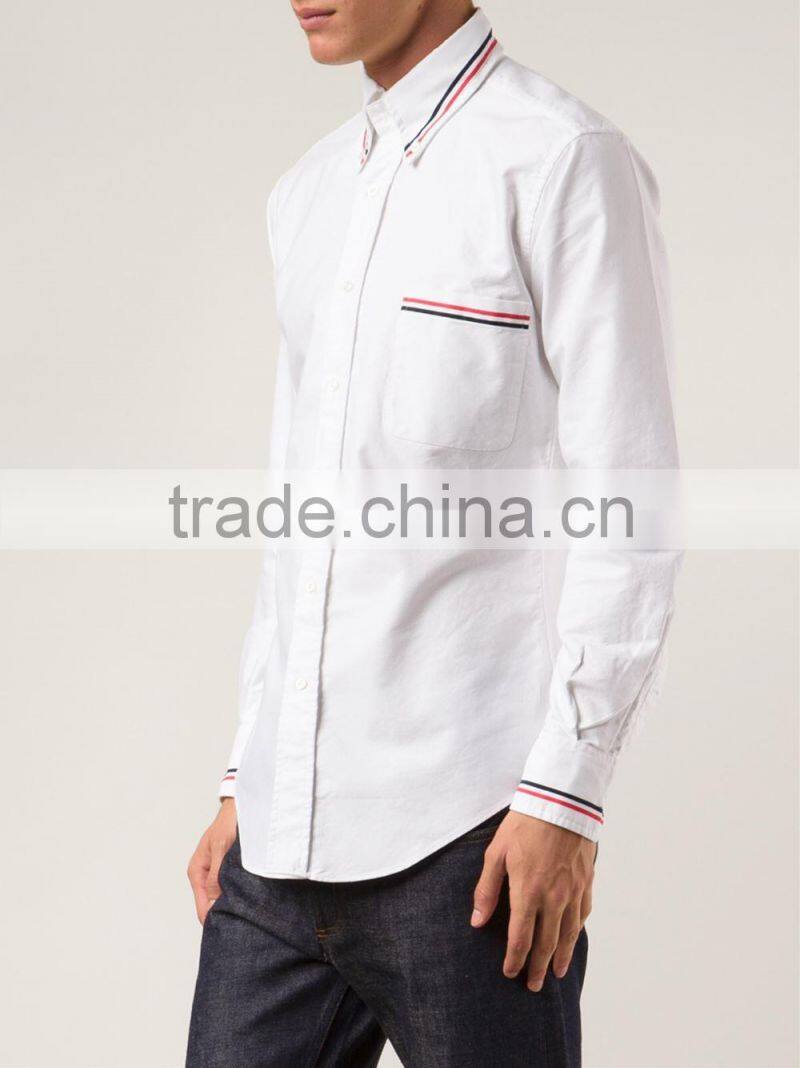 men's striped trim curved hem white long sleeve shirt