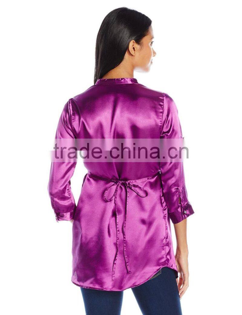 Roll 3/4 Tab Sleeve Satin Pintuck Tunic Dress