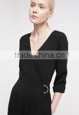 Casual black v-neck with belt one piece suit design trousers