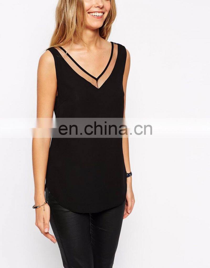Both front and back v neck New fashion chiffon blouse 2016 with mesh insert